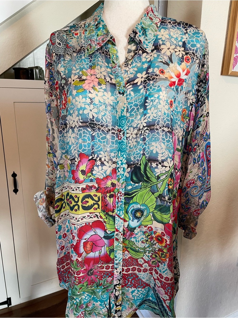 Johnny Was Milla Cupra Rayon Floral Patchwork Button Down Blouse Top Size Large